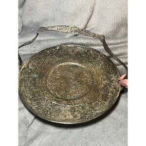 Vintage Holland Ware Silver Plate on Copper Basket Tray Windmill Dutch Scene 10"